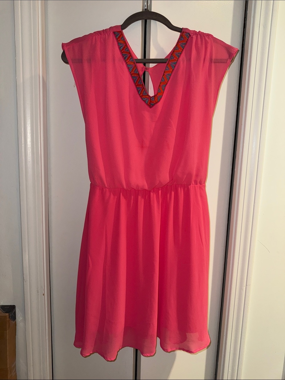 Blue Rain Hot Pink Sleeveless V-Neck Dress with Embroidered Trim